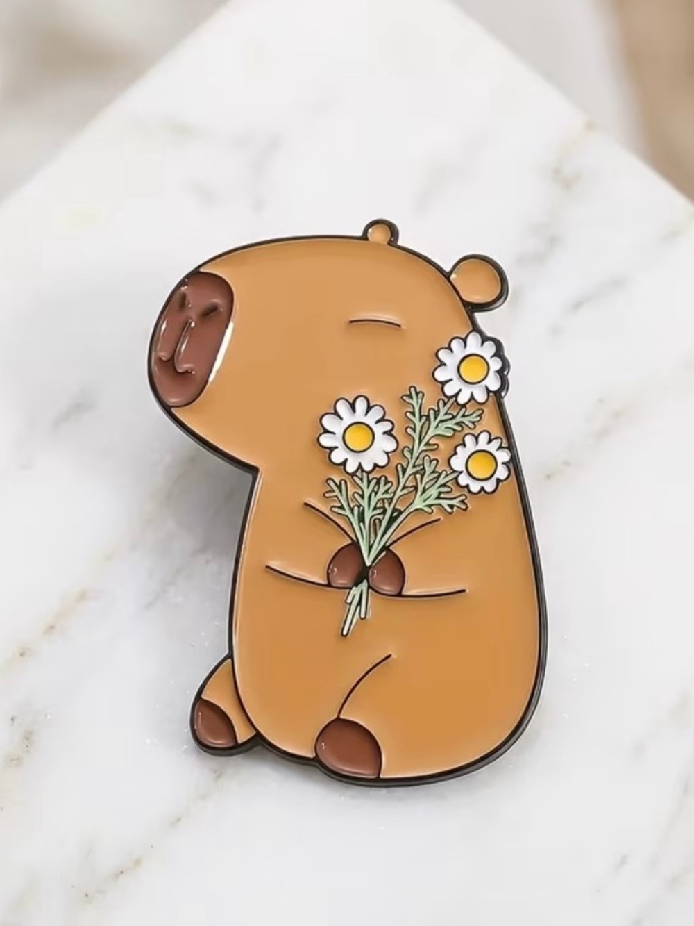 Cute Capybara Enamel Pin with Daisies